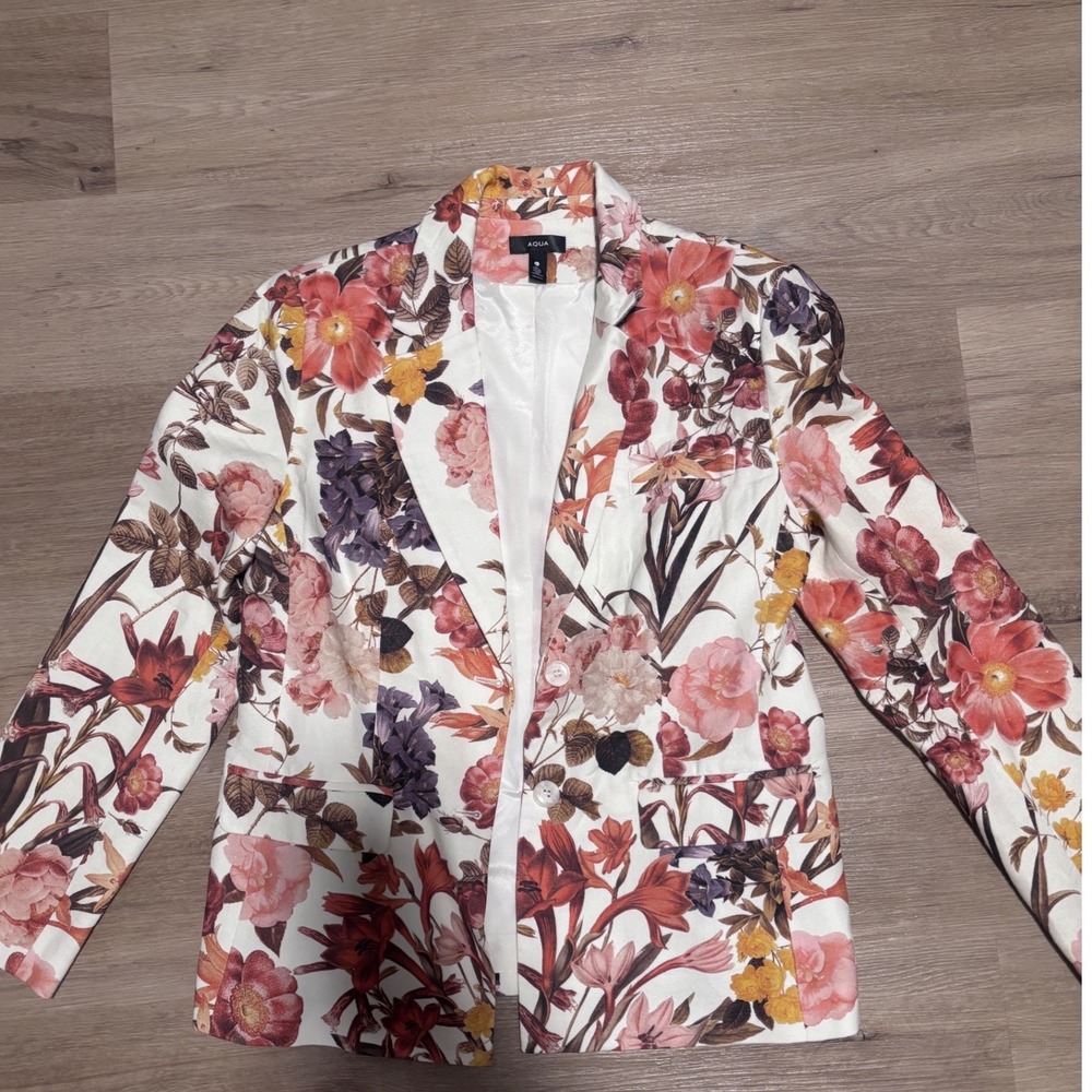 AQUA Ivory Floral Linen Blend Two Button Blazer Botanical Old Money XL